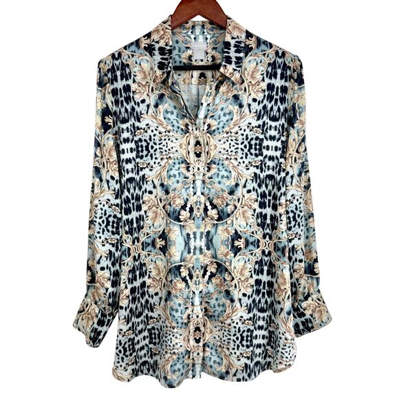 Chico's Tops - Chicos Sz Large US 12/14 2 Formal Blue Gold Chain Long Sleeve Blouse Shirt Top